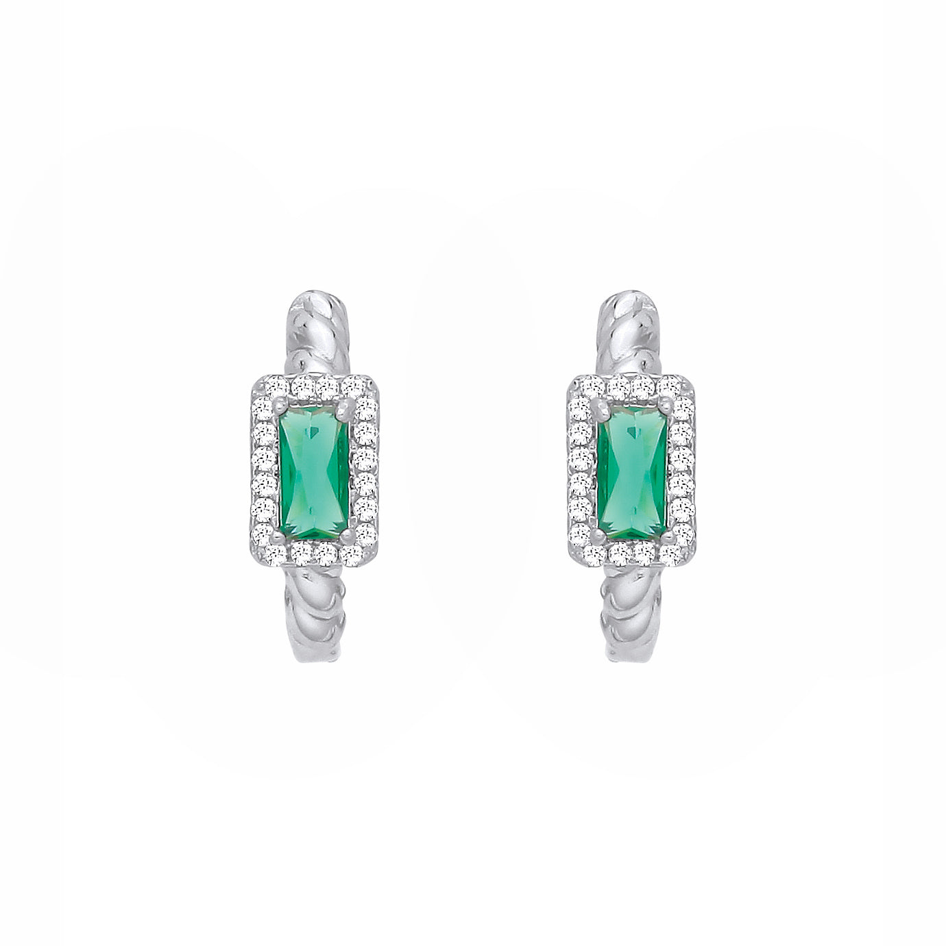 Silver  Green Radiant CZ Rectangle Halo Twist Huggie Hoop Earrings - EAG1411