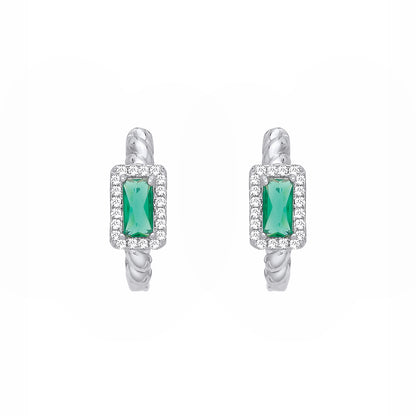 Silver  Green Radiant CZ Rectangle Halo Twist Huggie Hoop Earrings - EAG1411