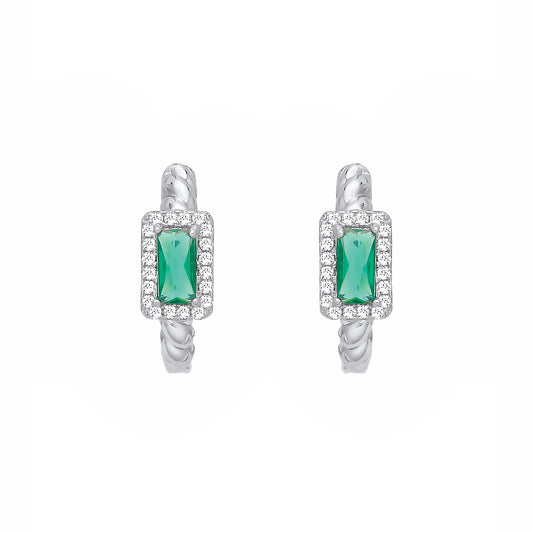 Silver  Green Radiant CZ Rectangle Halo Twist Huggie Hoop Earrings - EAG1411