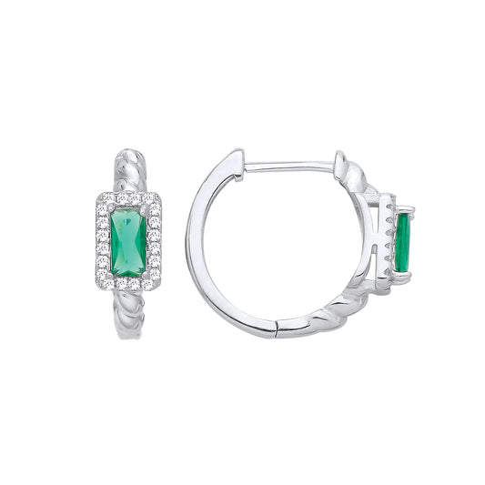 Sterling Silver CZ & Emerald Huggie Hoop Earrings - EAG1411