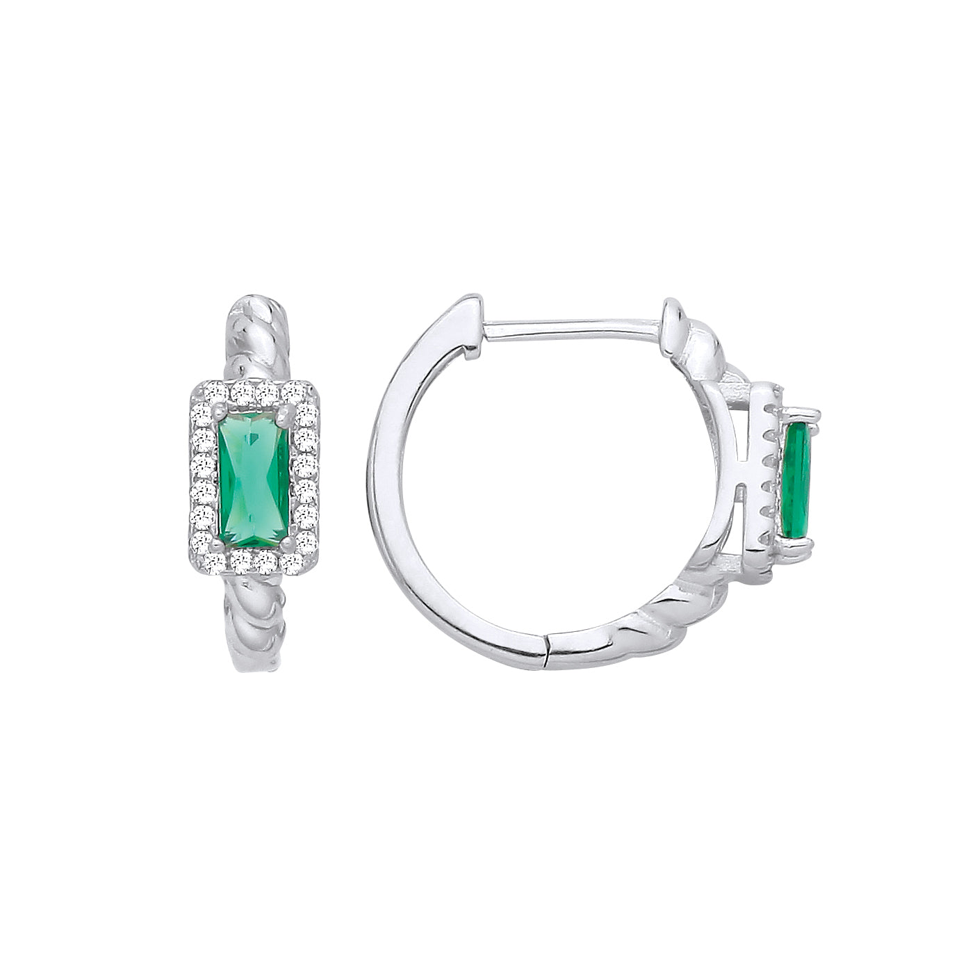 Silver  Green Radiant CZ Rectangle Halo Twist Huggie Hoop Earrings - EAG1411