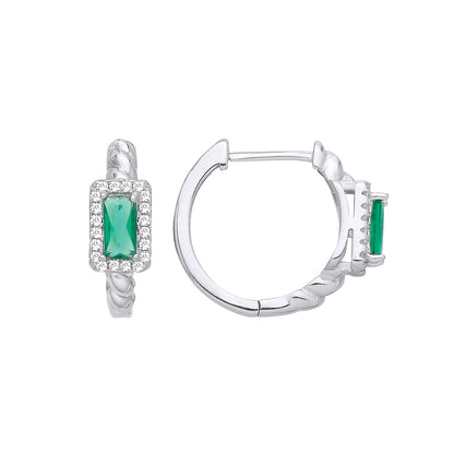 Silver  Green Radiant CZ Rectangle Halo Twist Huggie Hoop Earrings - EAG1411