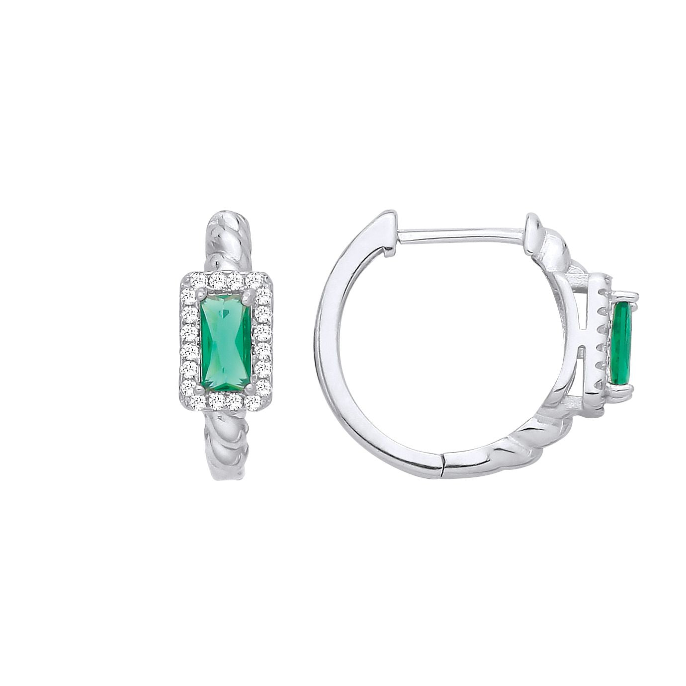 Sterling Silver CZ & Emerald Huggie Hoop Earrings - EAG1411