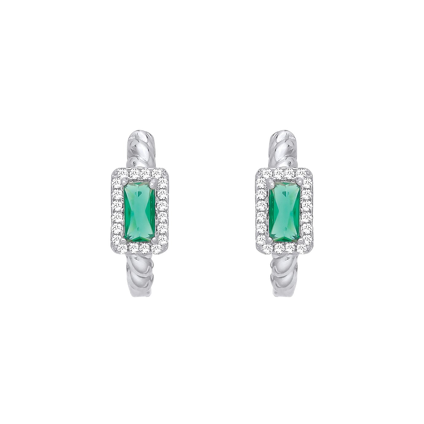 Sterling Silver CZ & Emerald Huggie Hoop Earrings - EAG1411