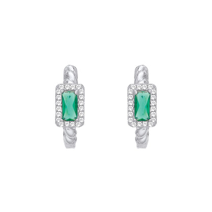 Sterling Silver CZ & Emerald Huggie Hoop Earrings - EAG1411