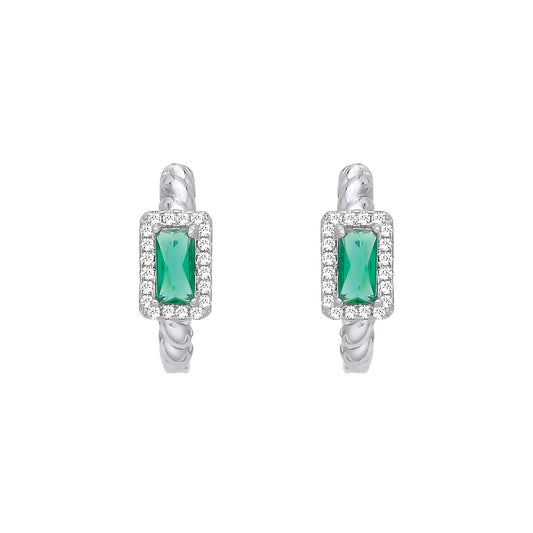 Sterling Silver CZ & Emerald Huggie Hoop Earrings - EAG1411