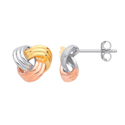 Sterling Silver , Gold Plated & Rose Gold Plated Tri-Colour Knot Stud Earrings - EAG1413
