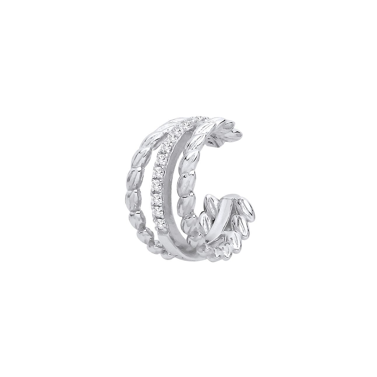 Silver  CZ Triple Row Eternity Leafy Single Ear Cuff Earring - EAG1415