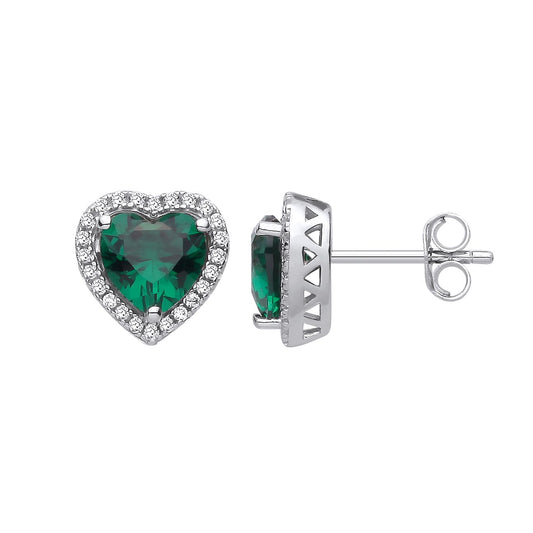 Sterling Silver CZ & Emerald Heart Stud Earrings - EAG1416