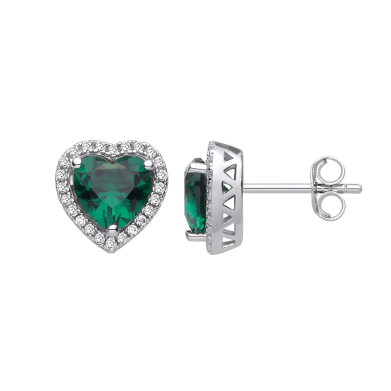Silver  Green Heart CZ Envy Love Heart Halo Stud Earrings - EAG1416