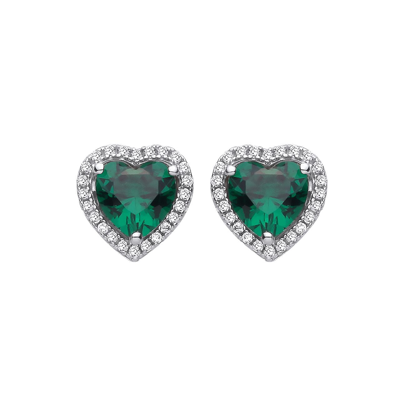Silver  Green Heart CZ Envy Love Heart Halo Stud Earrings - EAG1416