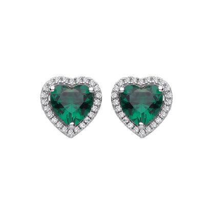 Silver  Green Heart CZ Envy Love Heart Halo Stud Earrings - EAG1416