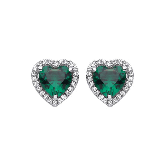 Silver  Green Heart CZ Envy Love Heart Halo Stud Earrings - EAG1416