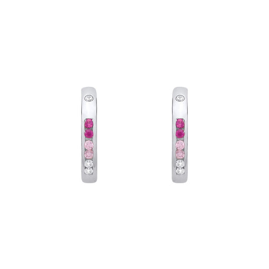 Silver  Pink & Red CZ Princess Pastel Huggie Hoop Earrings - EAG1417