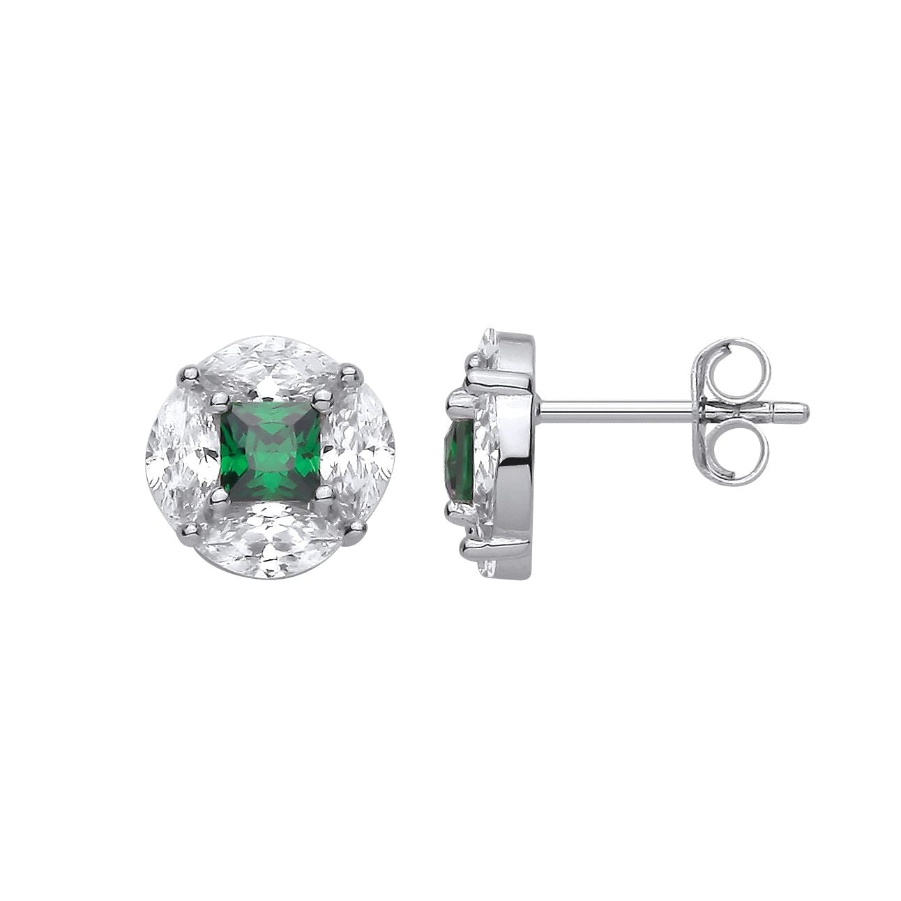 Sterling Silver CZ & Emerald Round Stud Earrings - EAG1418
