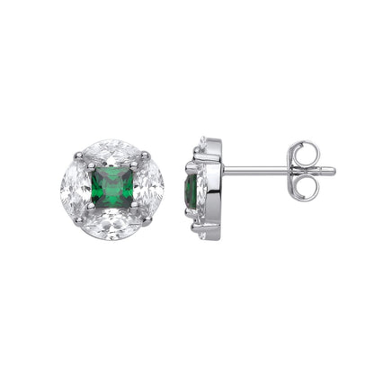 Sterling Silver CZ & Emerald Round Stud Earrings - EAG1418
