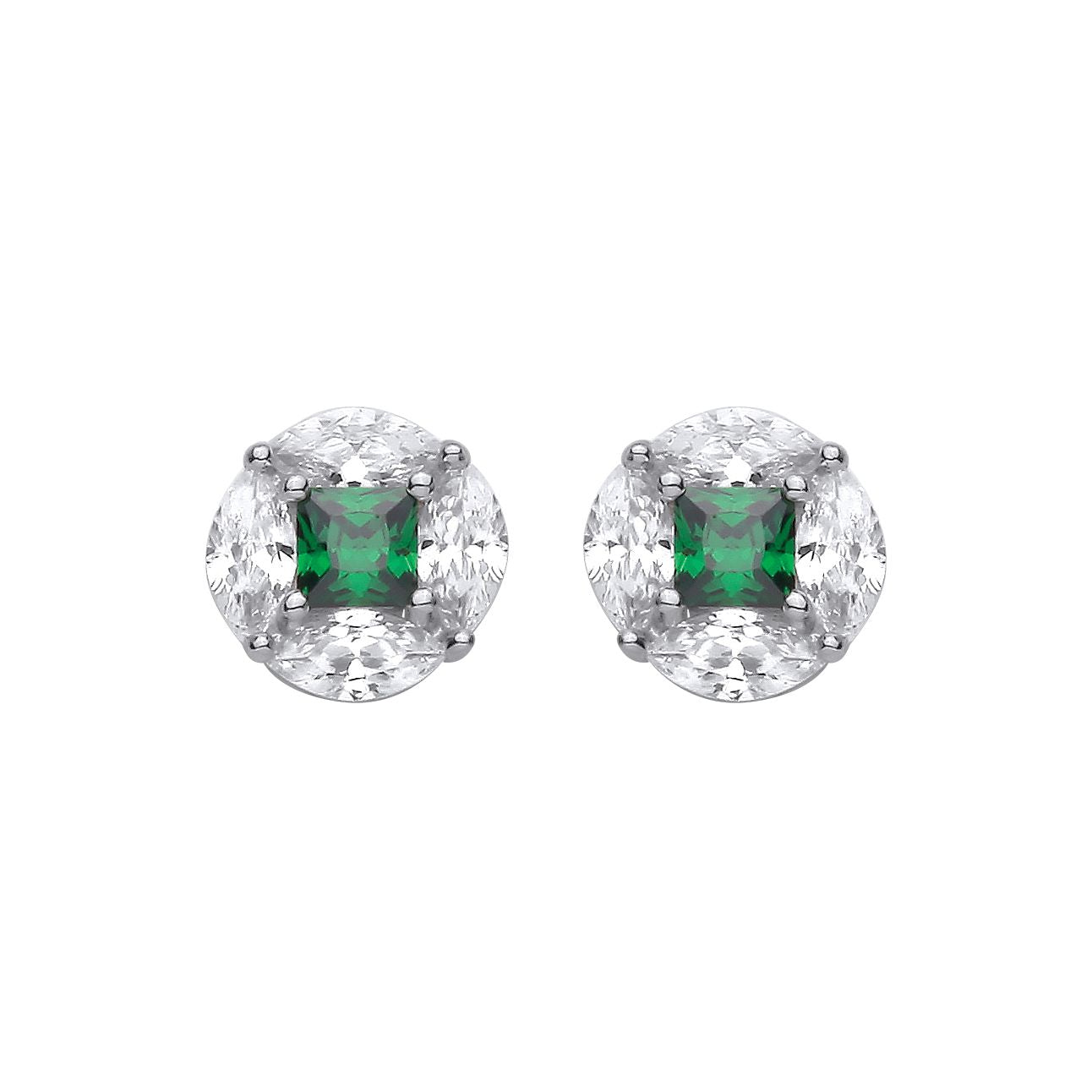 Sterling Silver CZ & Emerald Round Stud Earrings - EAG1418
