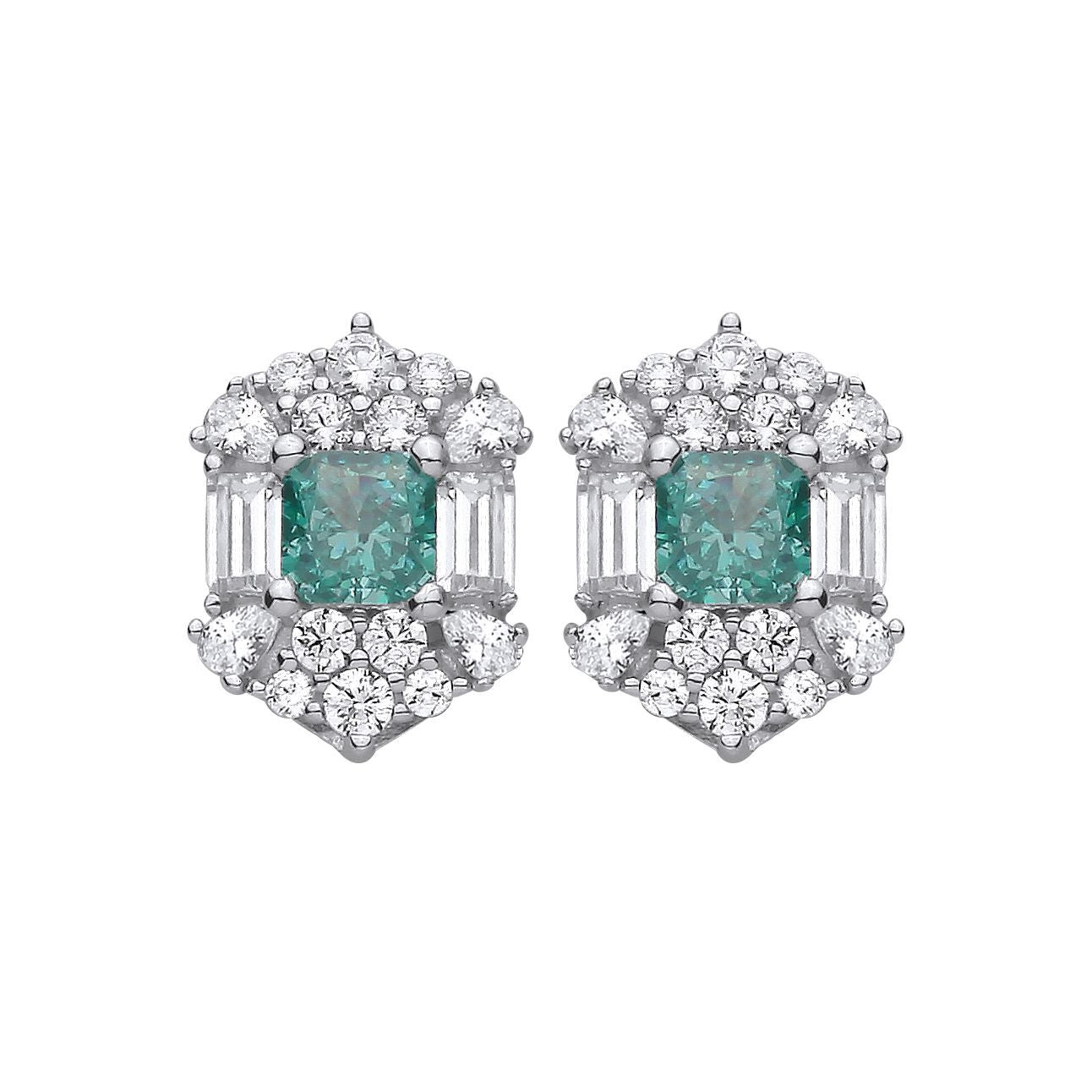 Silver  Blue Octagon CZ Mystic Icy Fiery Art Deco Stud Earrings - EAG1420