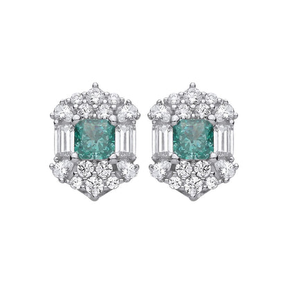 Silver  Blue Octagon CZ Mystic Icy Fiery Art Deco Stud Earrings - EAG1420