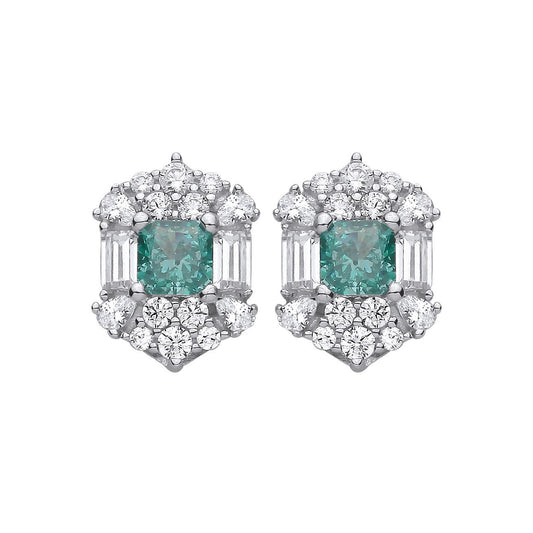 Silver  Blue Octagon CZ Mystic Icy Fiery Art Deco Stud Earrings - EAG1420