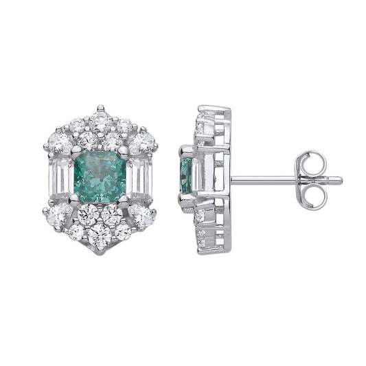 Silver  Blue Octagon CZ Mystic Icy Fiery Art Deco Stud Earrings - EAG1420