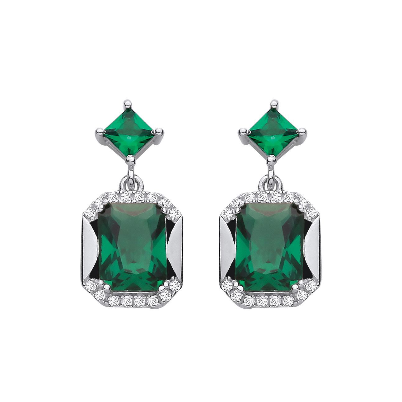 Silver  Green Square CZ Kite Octagon Half Halo Amphi Drop Earrings - EAG1421