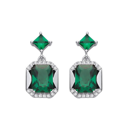 Silver  Green Square CZ Kite Octagon Half Halo Amphi Drop Earrings - EAG1421
