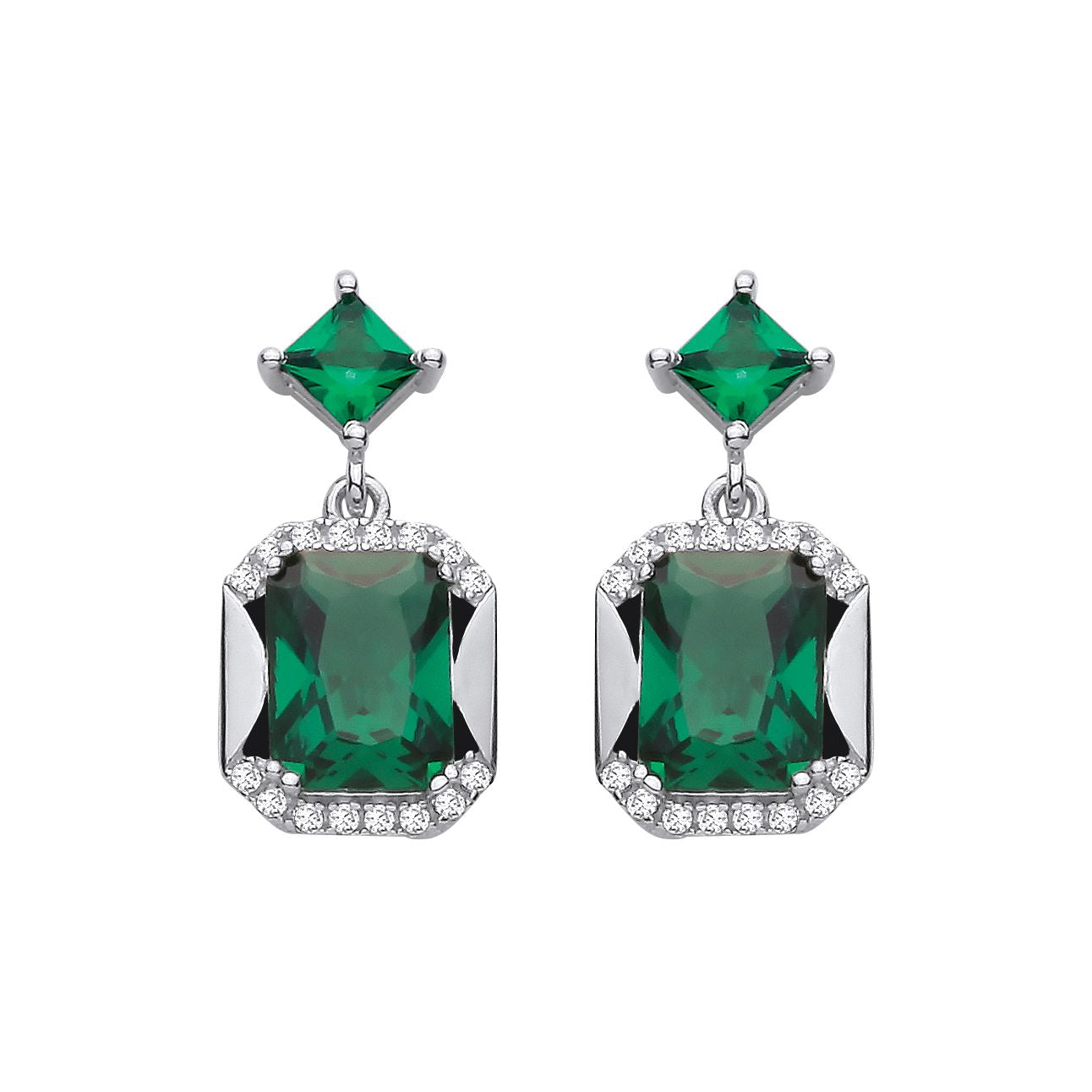 Sterling Silver CZ & Emerald Fancy Drop Earrings - EAG1421