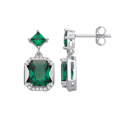 Silver  Green Square CZ Kite Octagon Half Halo Amphi Drop Earrings - EAG1421