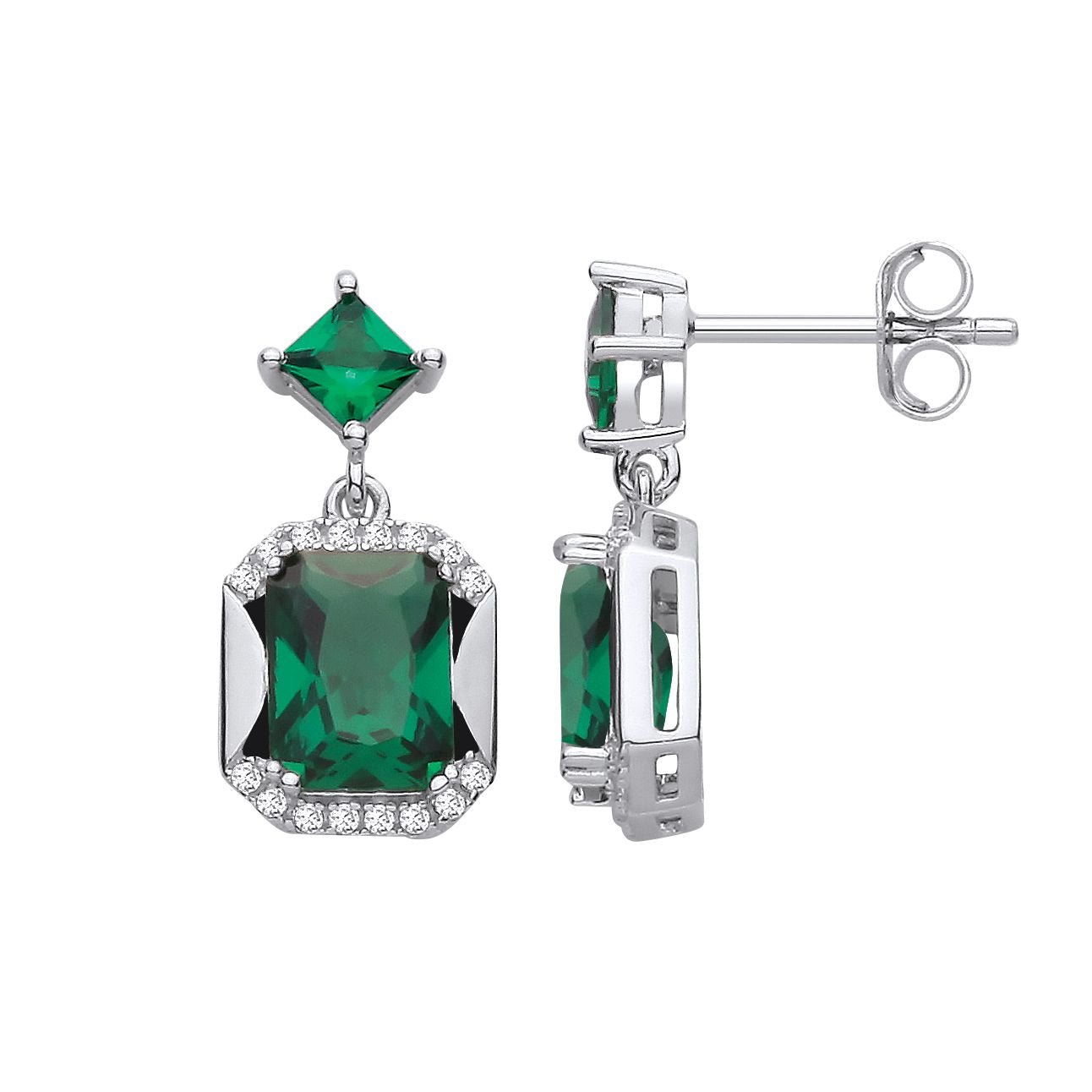Sterling Silver CZ & Emerald Fancy Drop Earrings - EAG1421