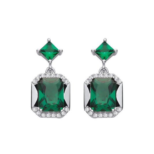 Silver  Green Square CZ Kite Octagon Half Halo Amphi Drop Earrings - EAG1421
