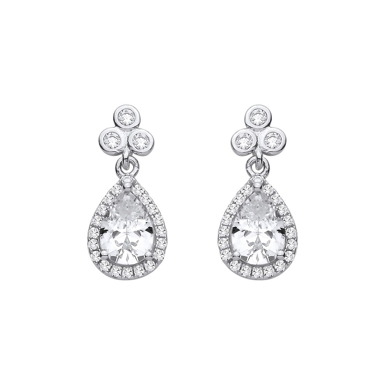 Silver  Pear CZ Clover Clubs Cluster Teardrop Halo Drop Earrings - EAG1422