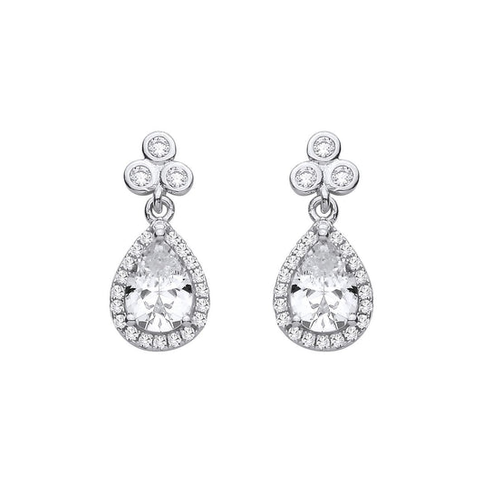 Silver  Pear CZ Clover Clubs Cluster Teardrop Halo Drop Earrings - EAG1422