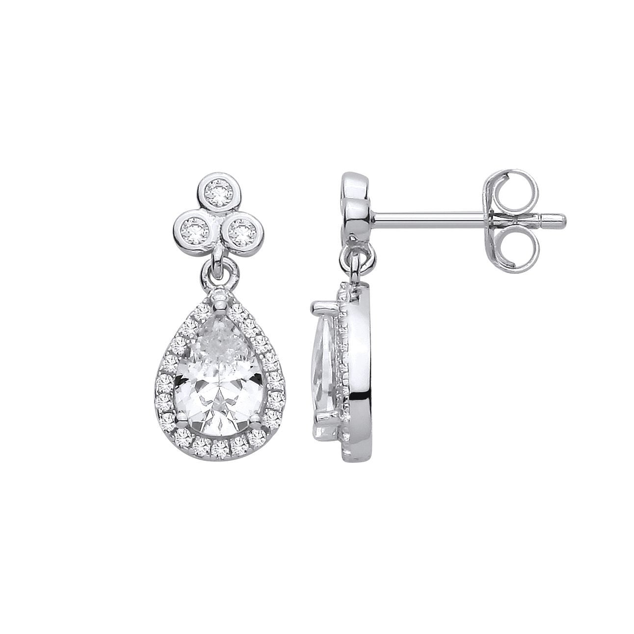 Silver  Pear CZ Clover Clubs Cluster Teardrop Halo Drop Earrings - EAG1422