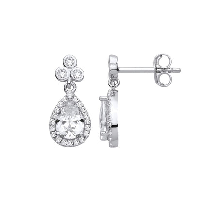 Silver  Pear CZ Clover Clubs Cluster Teardrop Halo Drop Earrings - EAG1422