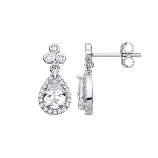 Silver  Pear CZ Clover Clubs Cluster Teardrop Halo Drop Earrings - EAG1422
