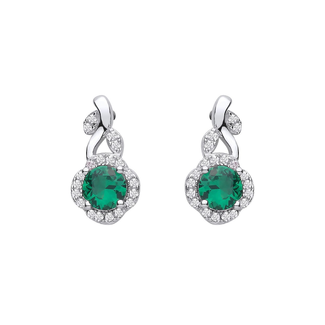 Silver  Green CZ Hypnotic Bloom Scalloped Halo Leafy Drop Earrings - EAG1423