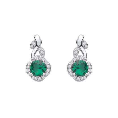 Silver  Green CZ Hypnotic Bloom Scalloped Halo Leafy Drop Earrings - EAG1423