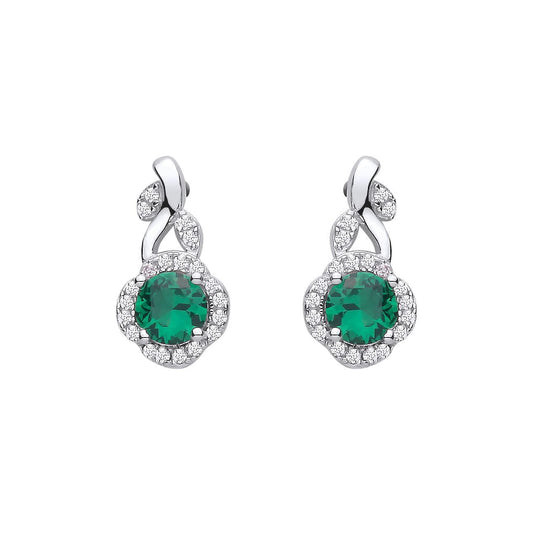 Silver  Green CZ Hypnotic Bloom Scalloped Halo Leafy Drop Earrings - EAG1423