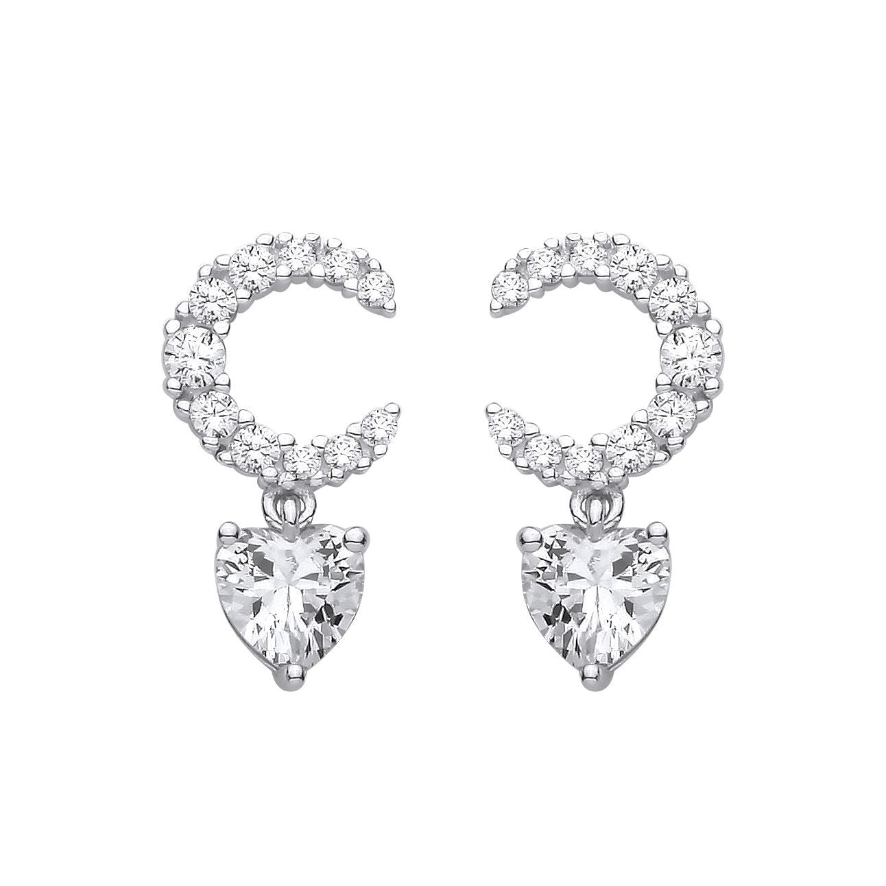 Silver  Heart CZ Crescent Moon Cluster Love Drop Earrings - EAG1424