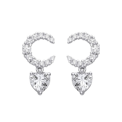 Silver  Heart CZ Crescent Moon Cluster Love Drop Earrings - EAG1424