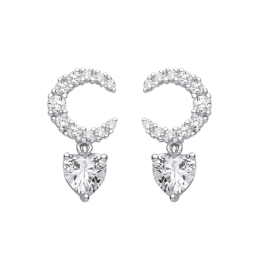 Silver  Heart CZ Crescent Moon Cluster Love Drop Earrings - EAG1424