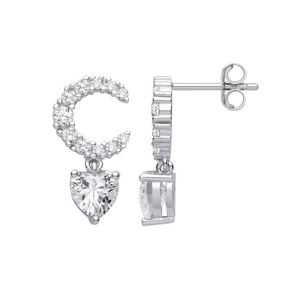 Silver  Heart CZ Crescent Moon Cluster Love Drop Earrings - EAG1424