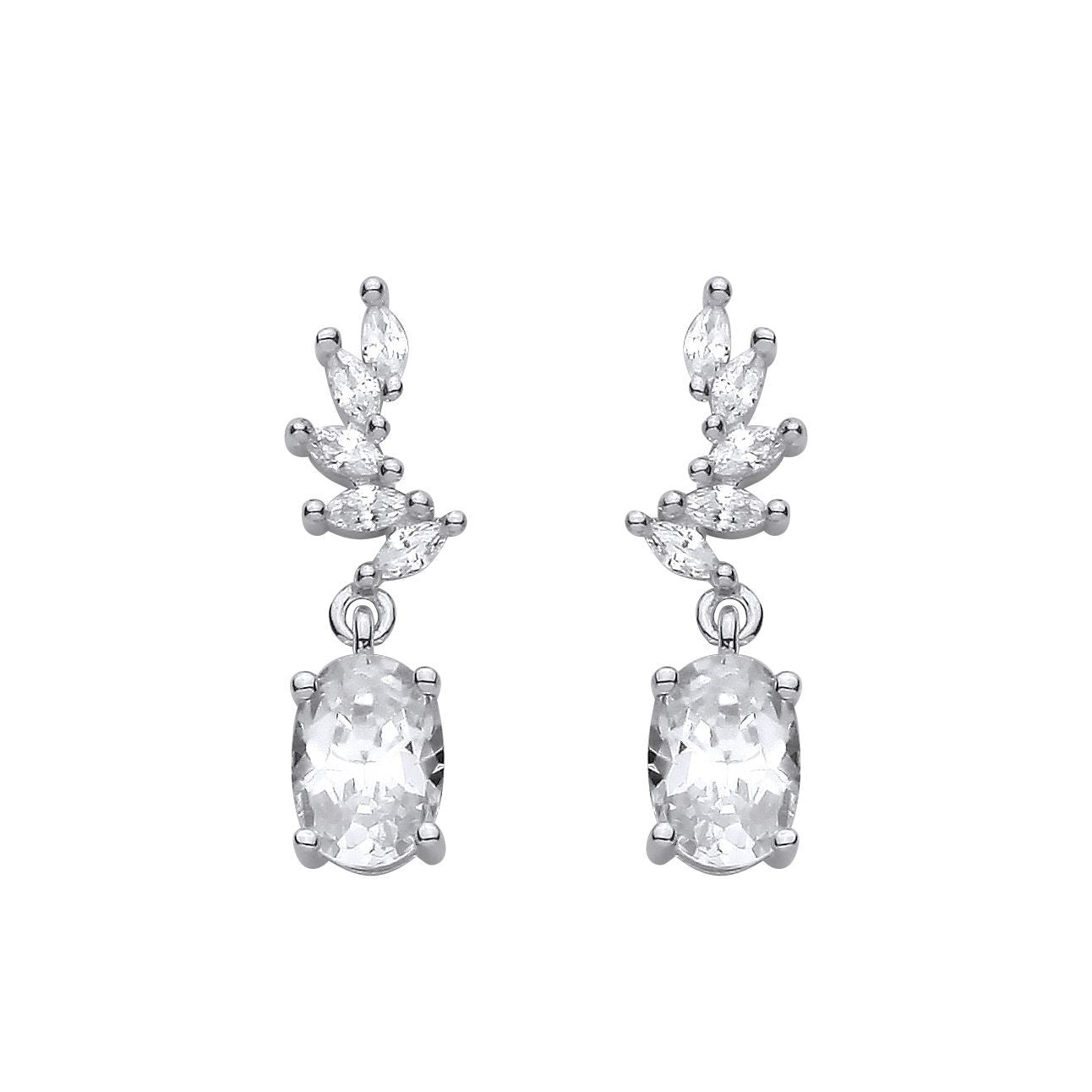 Silver  Oval & Marquise CZ Fanned Curved Leaf Drop Earrings - EAG1427