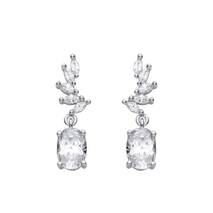 Silver  Oval & Marquise CZ Fanned Curved Leaf Drop Earrings - EAG1427