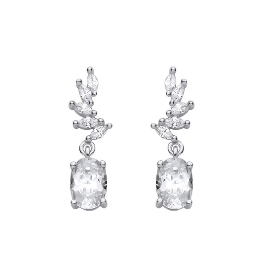 Silver  Oval & Marquise CZ Fanned Curved Leaf Drop Earrings - EAG1427