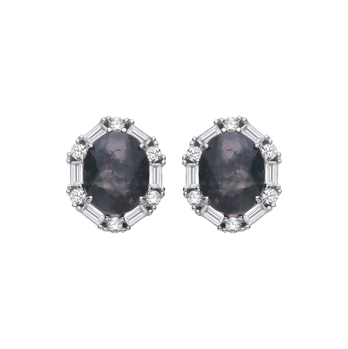 Silver  Black Oval Moss Agate CZ Spooky Smoke Halo Stud Earrings - EAG1428