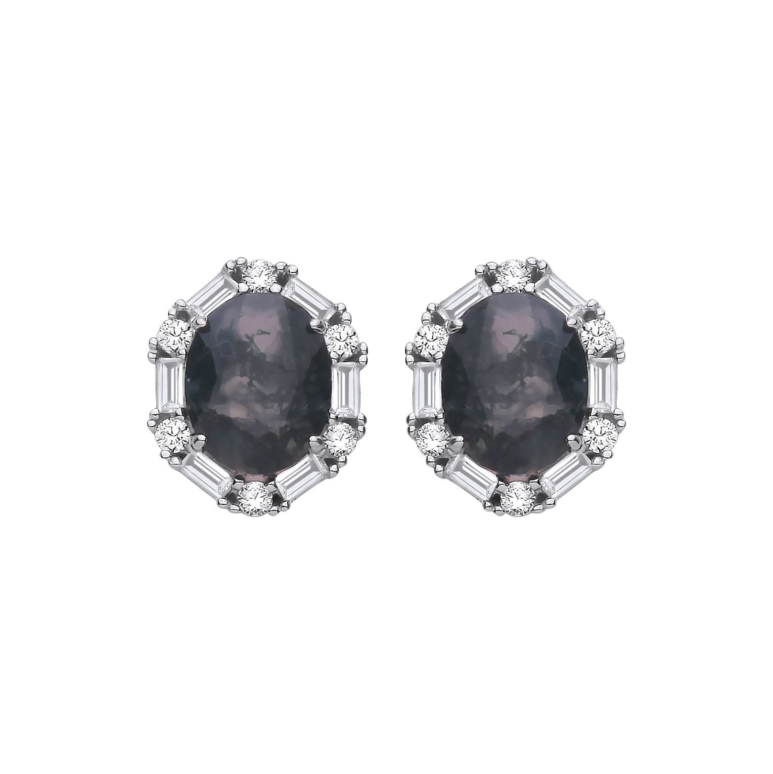 Silver  Black Oval Moss Agate CZ Spooky Smoke Halo Stud Earrings - EAG1428