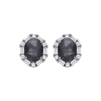 Silver  Black Oval Moss Agate CZ Spooky Smoke Halo Stud Earrings - EAG1428