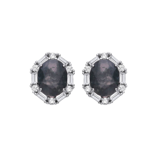 Silver  Black Oval Moss Agate CZ Spooky Smoke Halo Stud Earrings - EAG1428